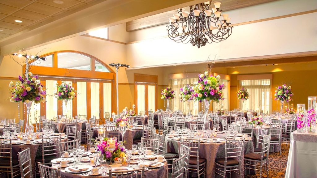 Ballroom set for wedding reception. Weddings at White Deer Run Golf Club Vernon Hills, Illinois.